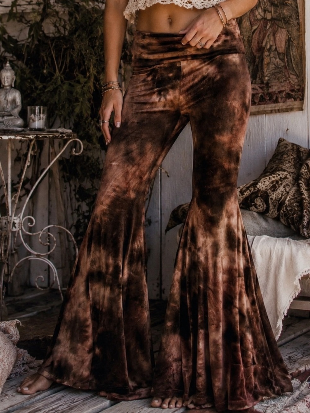 Kantha Bae Tie Dye Bell Bottom Flare Pants Brown S/M Made in USA